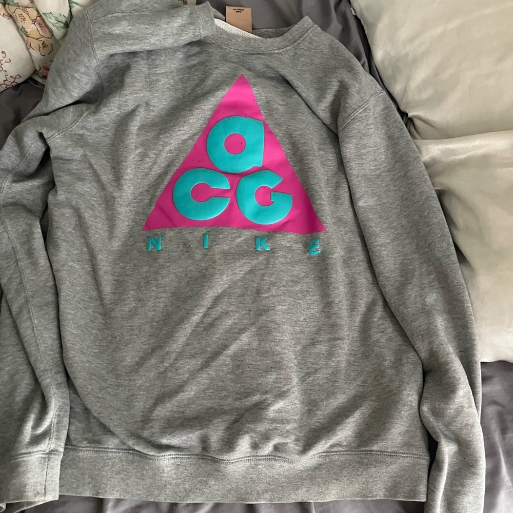 Vtg 90s Nike ACG Pullover Sweatshirt Men M Gray Blue Pink Crewneck Back Pocket